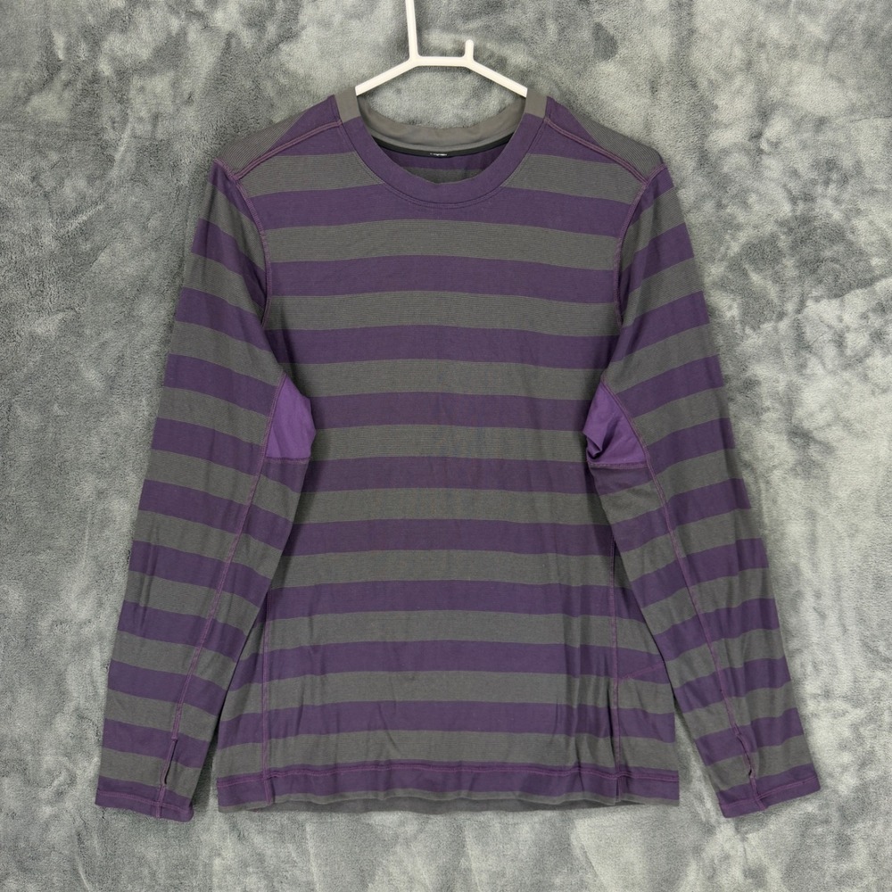 Lululemon Mens Long Sleeve Striped Athletic Shirt Purple Grey Thumbholes Sz L